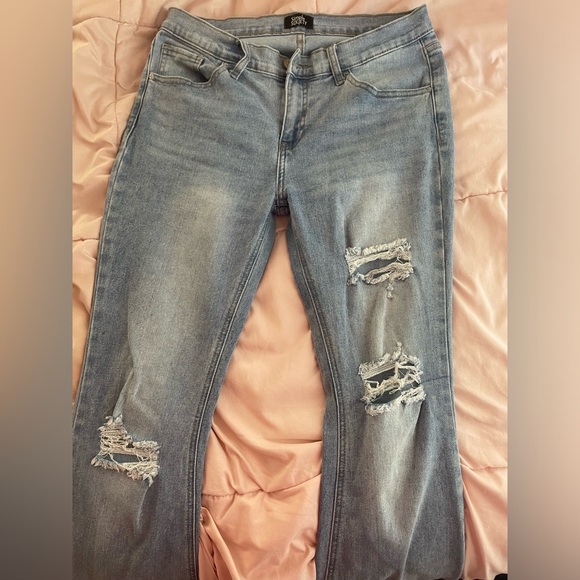 Simple Society Women's Light Blue Ripped flare Jeans - Picture 1 of 4